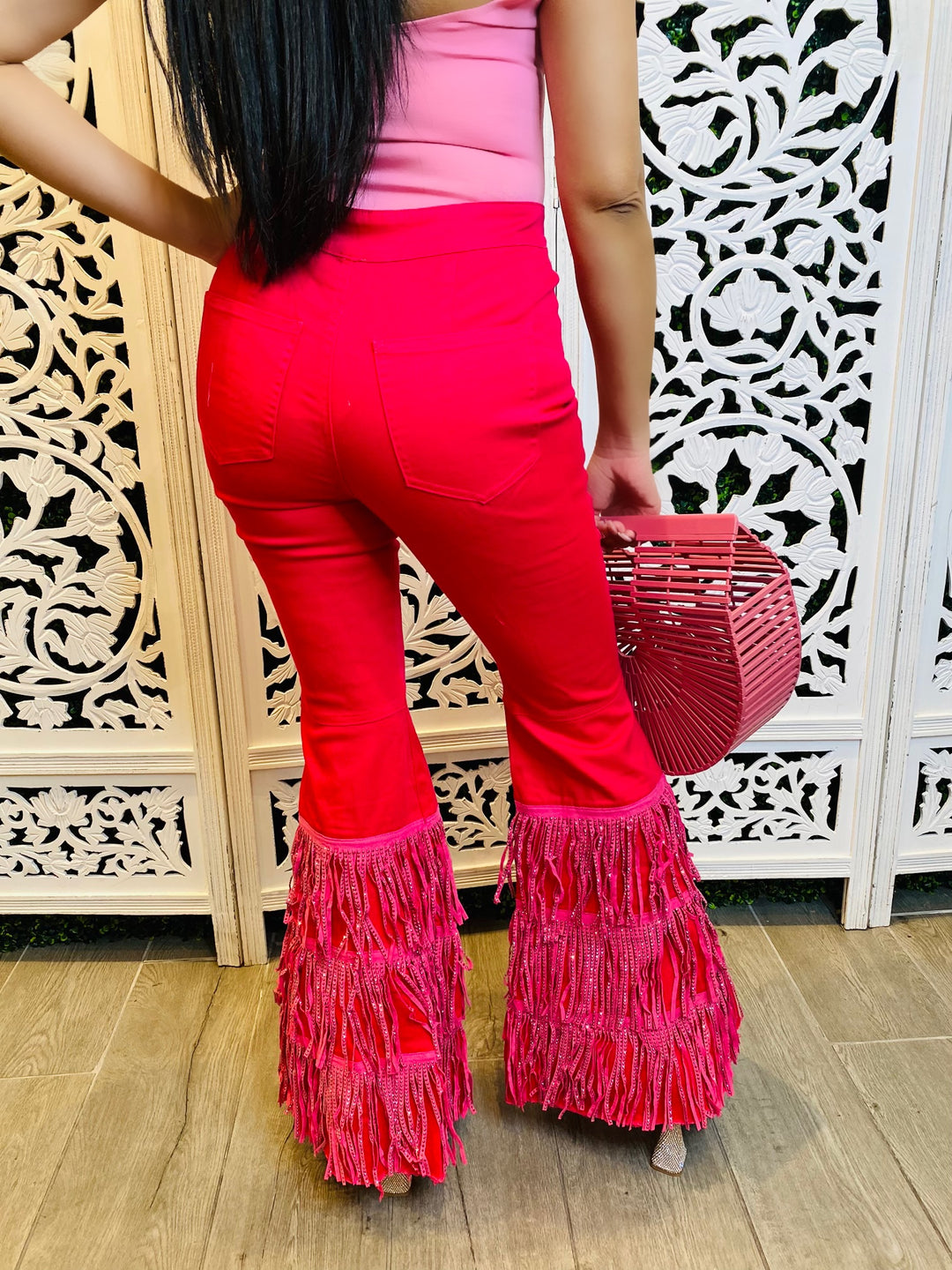 KEEPIN IT HOT Pink Denim Rhinestone Fringe Bell Bottoms-Bell Bottoms-MACARON-Malandra Boutique, Women's Fashion Boutique Located in Las Vegas, NV