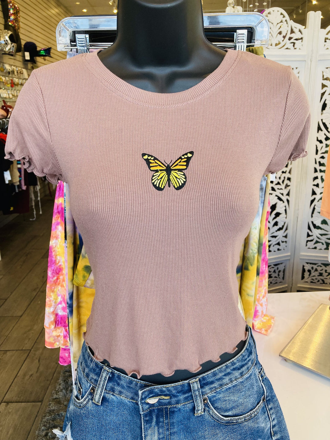 Brown Front View. SHE CUTE Butterfly Graphic Knit Top-Heart & Hips-Malandra Boutique, Women's Fashion Boutique Located in Las Vegas, NV