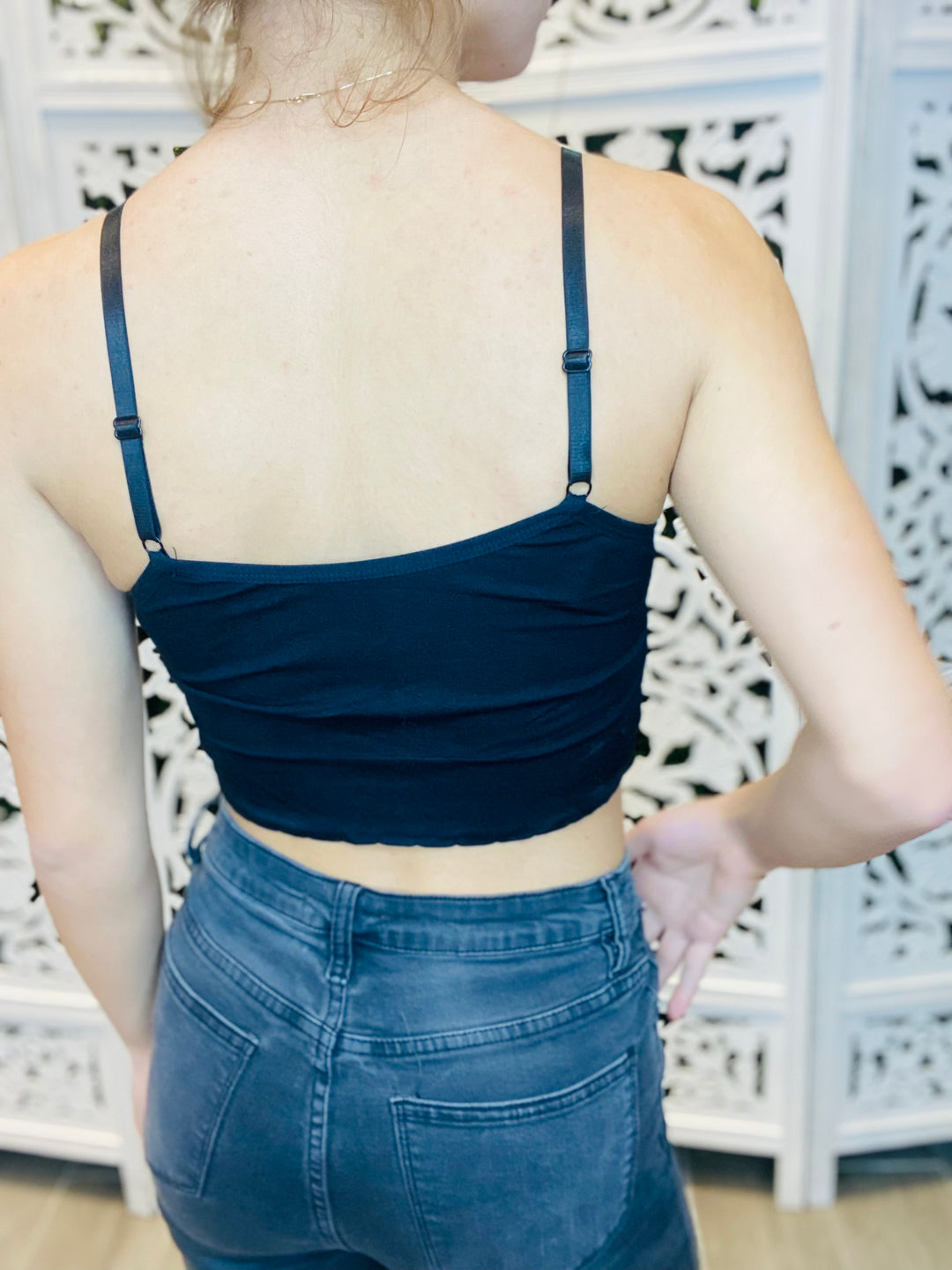 Back View. MOONLIGHT Lace Cami Spaghetti Strap Bralette-Crop Top-Color 5-Malandra Boutique, Women's Fashion Boutique Located in Las Vegas, NV