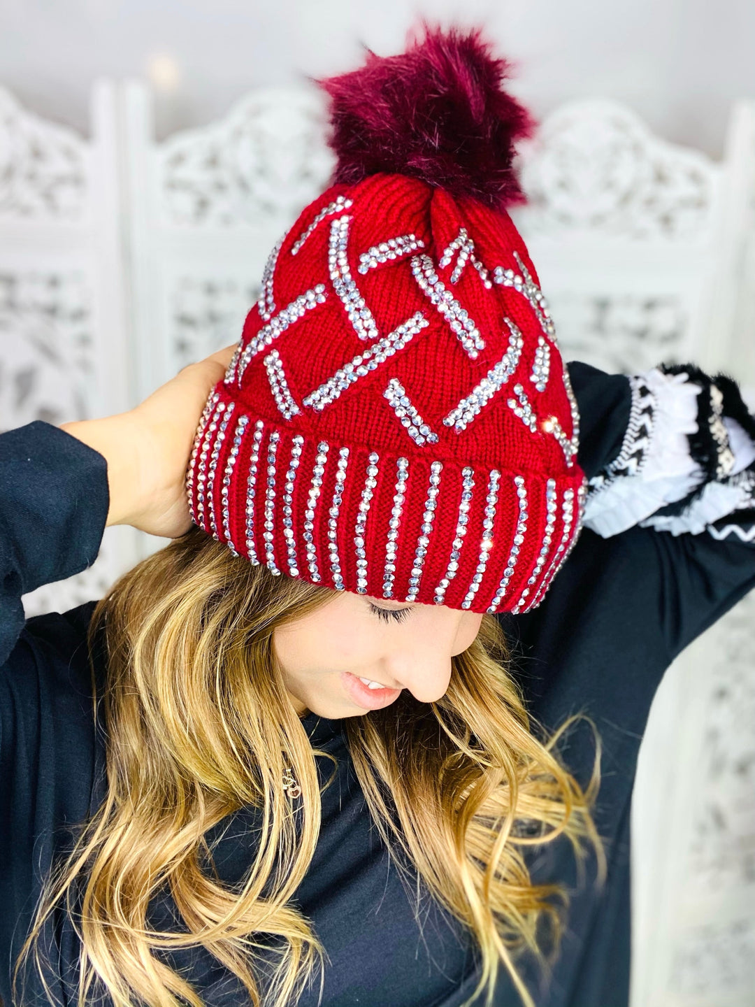 HOLLY Black Knit Rhinestone Pom Pom Beanie-Apparel & Accessories-cap zone-Malandra Boutique, Women's Fashion Boutique Located in Las Vegas, NV