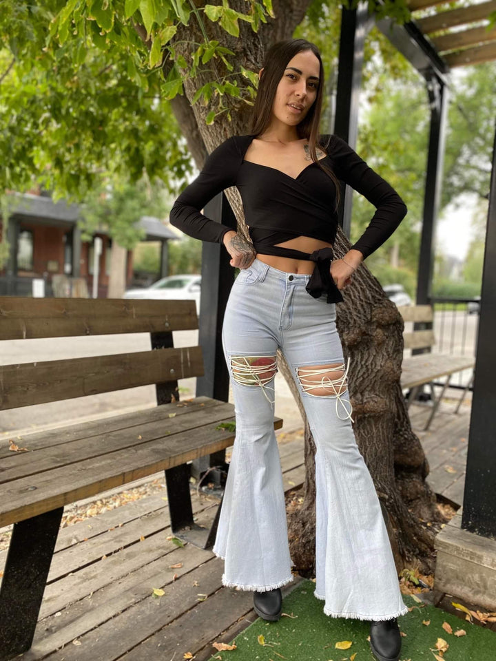 INFINITY Lace Up Front Denim Bell Bottom Jeans-Bottoms-Banjul-Malandra Boutique, Women's Fashion Boutique Located in Las Vegas, NV