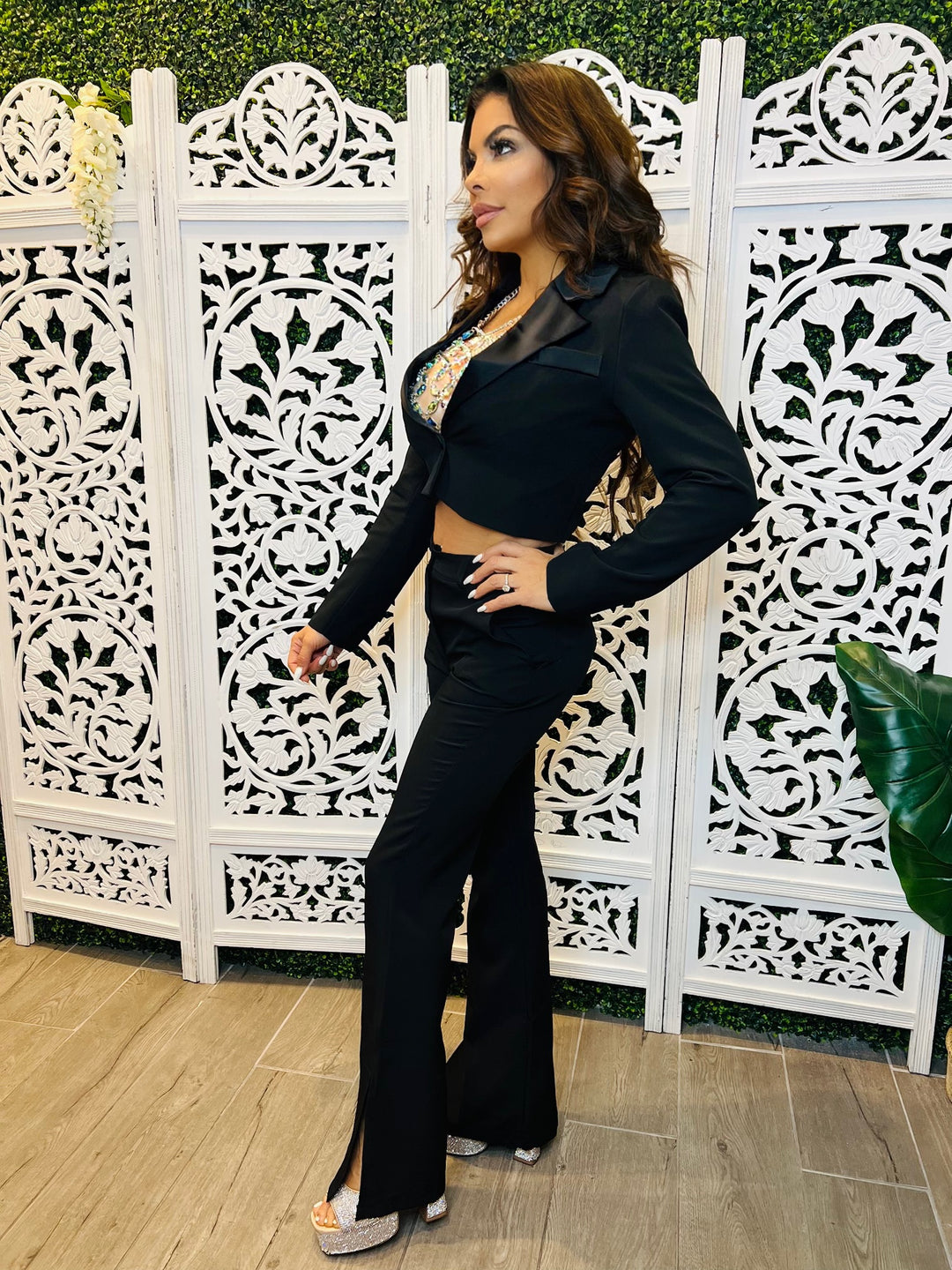 NONE OF YOUR BUSINESS Long Sleeve Suit Crop Top And Flared Pant Set-Outfit Sets-venti6-Malandra Boutique, Women's Fashion Boutique Located in Las Vegas, NV