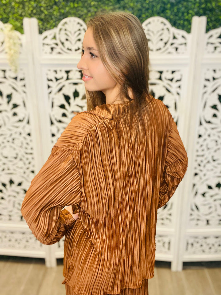 Brown Back View. TELL ME WHY Pleated Blouse Pants Set-Apparel & Accessories-Blue B-Malandra Boutique, Women's Fashion Boutique Located in Las Vegas, NV