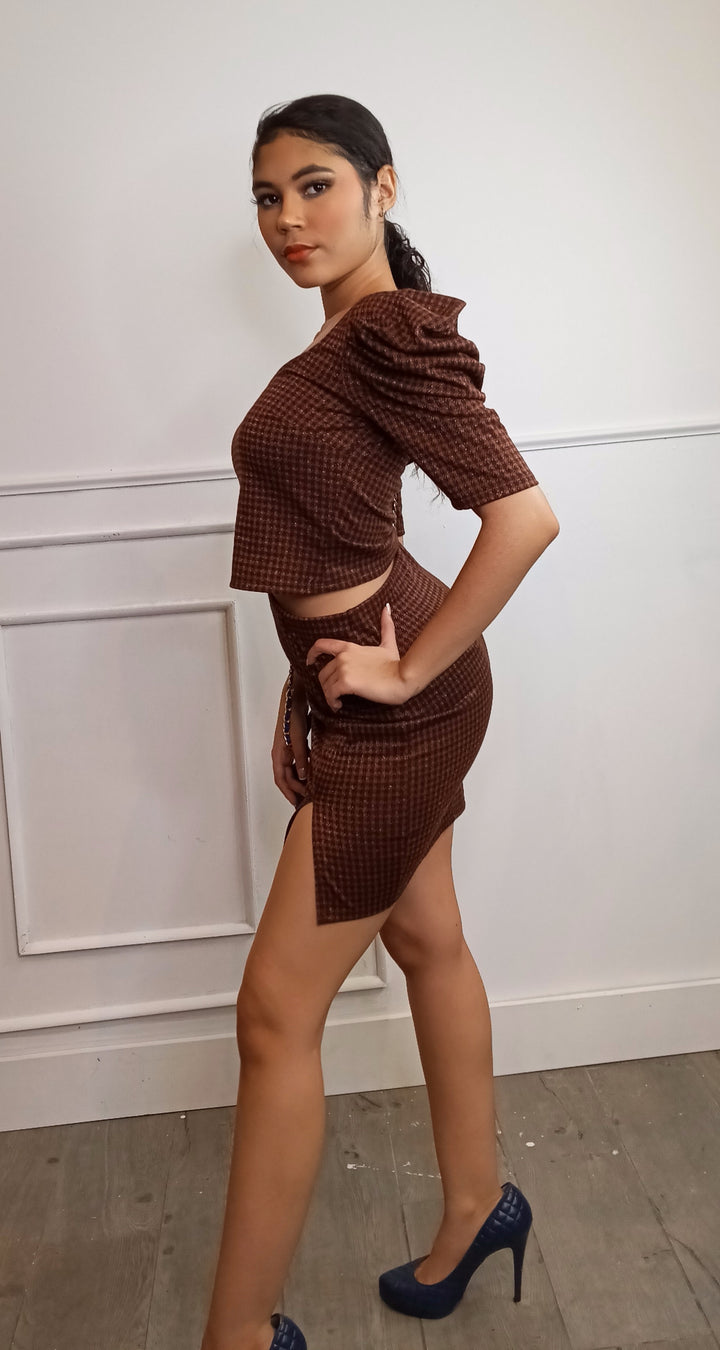 WOULDNT CHANGE A THING Houndstooth Puff Sleeve Skirt Set-Set-Shop Iris Basic-Malandra Boutique, Women's Fashion Boutique Located in Las Vegas, NV