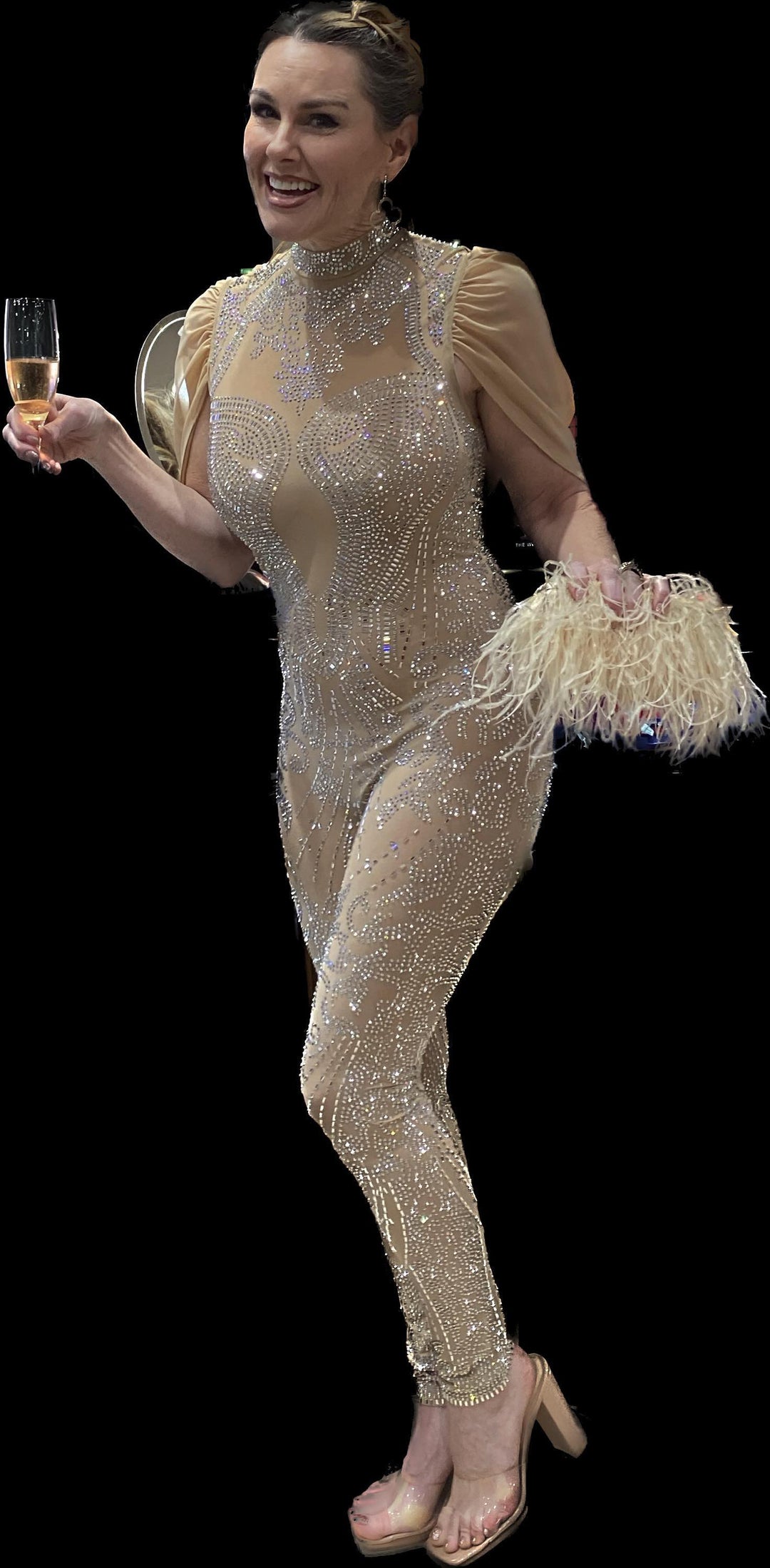 LOYALTY Rhinestone Studded Mesh Jumpsuit w/ Long Cape Sleeves-Jumpsuit-Banjul-Malandra Boutique, Women's Fashion Boutique Located in Las Vegas, NV