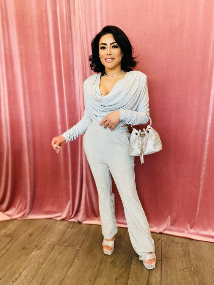 STEP UP Silver Glitter Flare Trousers & Top Set-Pants-miss circle-Malandra Boutique, Women's Fashion Boutique Located in Las Vegas, NV