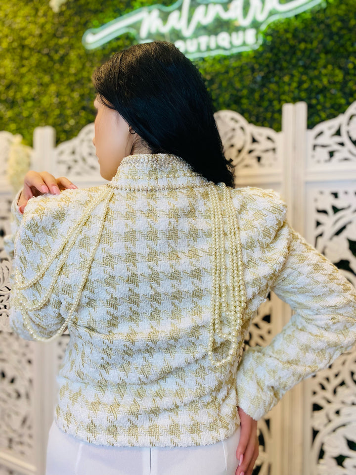 WE ALL TRY Houndstooth Rhinestone & Pearl Trim Zip-Up Jacket-Coats & Jackets-Blithe-Malandra Boutique, Women's Fashion Boutique Located in Las Vegas, NV
