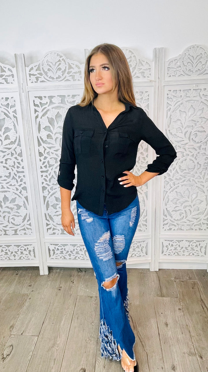 BLANK SPACE Black Button Down-Tops-Malandra Boutique-Malandra Boutique, Women's Fashion Boutique Located in Las Vegas, NV