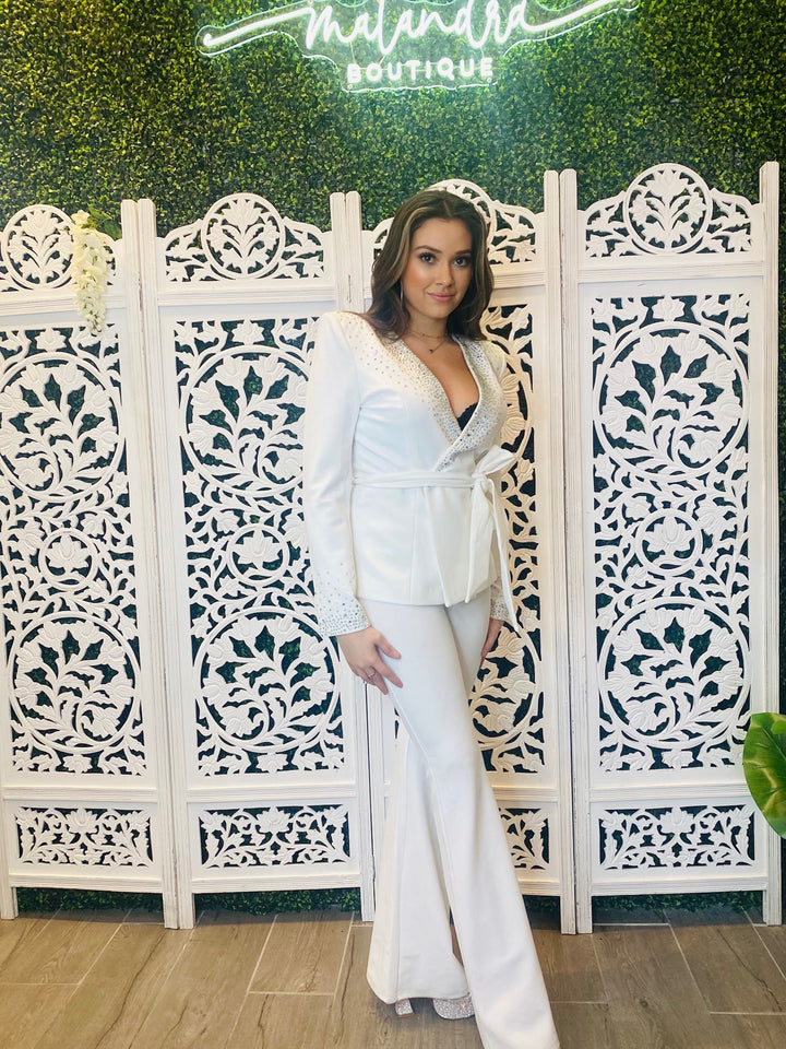 BLAZE White Rhinestone Studded Blazer Pant Set-Outfit Sets-Banjul-Malandra Boutique, Women's Fashion Boutique Located in Las Vegas, NV